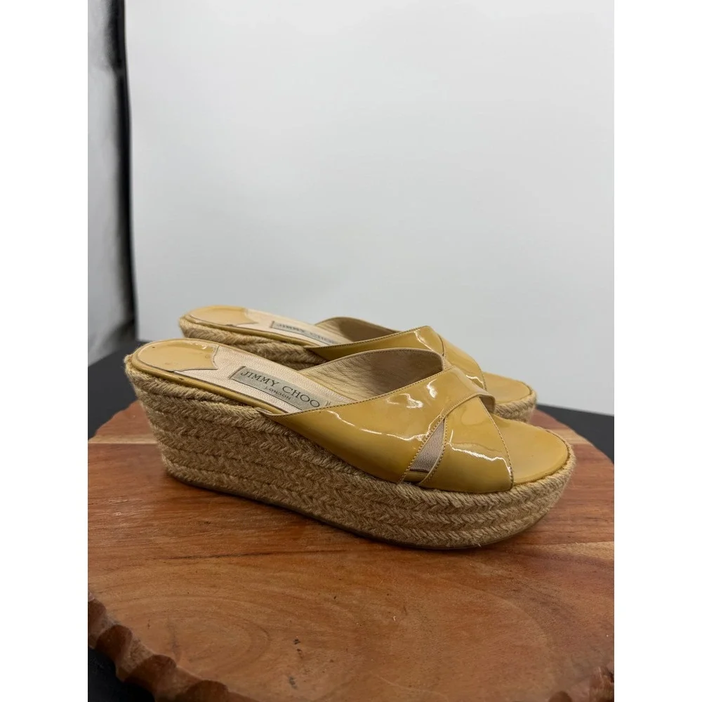 Jimmy Choo Panna Espadrille Slide Sandal Women 38 Tan Patent Leather Platform